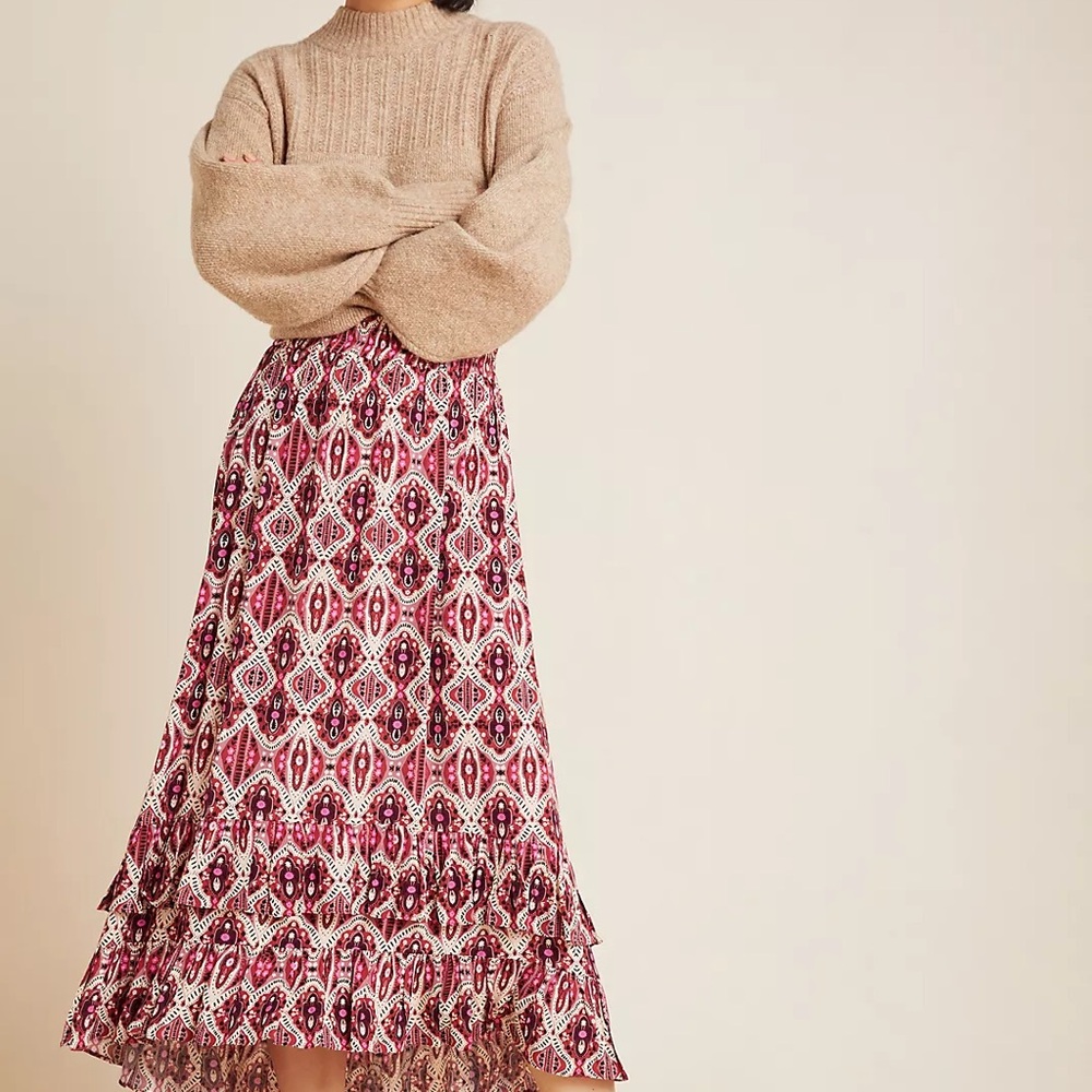 Anthropologie Pink Ruffled Midi Skirt - Size S - Like New!